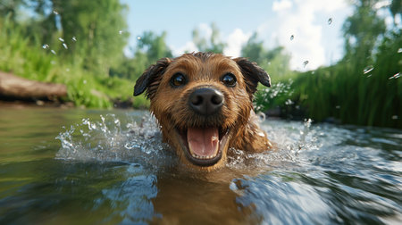 Witness pure joy as energetic pets splash playfully in a shallow river Delight in their vibrant amusement, especially the dog navigating cool water with visible happiness This heartwarming image captures a perfect summer adventure, brimming with life, light, and the unbridled joy of nature AI Generativeの素材