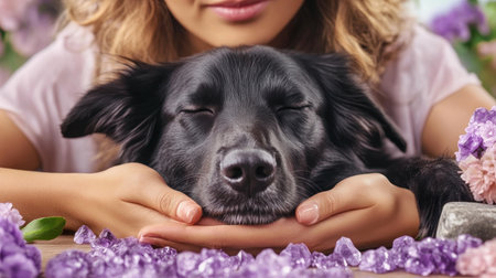 A tranquil scene unfolds as a pet rests peacefully beside their human Love and harmony radiate from their gentle connection A black dog is lovingly held by its owner, amidst amethyst stones, emphasizing tranquility This image embodies a sweet, profound bond, a testament to the beautiful, wordless language of companionship AI Generativeの素材
