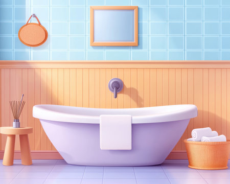This well-lit bathroom features a dedicated pet bathing area, emphasizing hygiene A clean tub, towel, and bucket of rolled towels highlight the routine A stool and hanging tag add to the organized space, showcasing cleanliness for both pet and owner's well-being This simple, tidy setup promotes health and wellness AI Generativeの素材