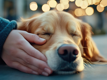 Experience canine massage therapy, a gentle path to pet wellness A relaxed dog enjoys comforting touch in soft light, highlighting the power of therapeutic touch This serene scene promotes relaxation, emotional balance, and strengthens the bond between pet and handler, showcasing the essence of animal therapy AI Generativeの素材