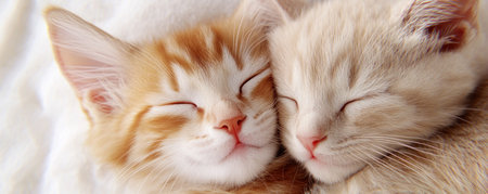 Experience serenity with this heartwarming image of two sleeping kittens Their soft fur blends together as they cuddle, creating a peaceful and calming scene Perfect for relaxation, this image of these little furballs will add a touch of warmth and affection to any space Discover their soothing charm today AI Generativeの素材