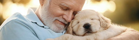 This image portrays a touching embrace between a pet and owner, exemplifying trust and deep attachment It showcases a beautiful bond, highlighting their profound relationship through a heartwarming hug Observe the genuine affection and warmth shared between a man and his puppy, a simple yet powerful illustration of connection AI Generativeの素材