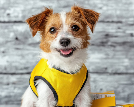 A yellow, high-visibility disaster vest for pets sits on a table amidst emergency supplies and maps, emphasizing animal safety during a disaster This photo showcases essential pet gear for preparedness, highlighting the importance of planning with pets It's ideal for demonstrating how to prepare for emergencies with your furry friends AI Generativeの素材