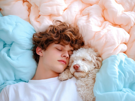 A cozy blanket fort shelters a pet and owner, warmly embracing This serene image captures their peaceful rest and loving bond Soft textures and pastel hues highlight the simple joy of companionship and gentle comfort Witness this tranquil moment of shared warmth and affection AI Generativeの素材