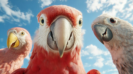 Immerse yourself in a vibrant painting celebrating pets and animal diversity Colorful parrots soar against a blue sky, showcasing respect and companionship between species This artwork, with its vivid palette, captures the harmonious beauty of diverse animal life and invites you to find your favorite pet AI Generativeの素材