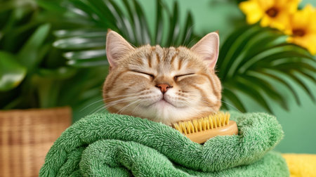 Experience pure feline contentment as a cat luxuriates in a gentle grooming session Soft brushes, cozy towels, and natural light create a serene home scene This peaceful moment showcases relaxation, pet care, and the simple joys of feline companionship It's a perfect image of pampering and domestic bliss AI Generativeの素材