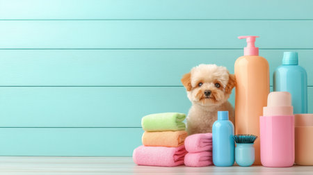 Transform your pet care with our salon-quality dog grooming products Find gentle shampoos, high-quality brushes, and powerful detanglers, all displayed in a chic setting Elevate your dog's pampering routine with our curated collection, ensuring a spa-like experience for a healthy, happy, and beautifully groomed companion AI Generativeの素材