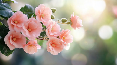 Immerse yourself in nature's beauty with this captivating photograph Delicate pink flowers bloom under golden sunlight, surrounded by vibrant greenery and soft bokeh Close-up details highlight the serene atmosphere, evoking playful outdoor energy and a joyful color scheme Perfect for conveying tranquility and vibrant pet bonding AI Generativeの素材