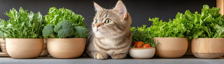 Discover a balanced cat diet with colorful bowls of fresh vegetables, fish, and grains A cute tabby enjoys this nutritious setup, highlighting a harmonious pet lifestyle Learn how healthy cat food options, essential for well-being, contribute to your feline friend's happiness through optimal nutrition Cat nutrition is key! AI Generativeの素材