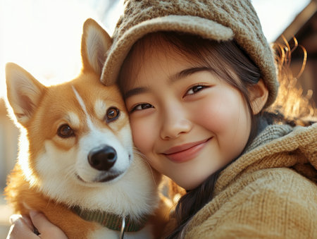 A heartwarming portrait captures a tender moment of pure connection A young woman lovingly embraces her corgi, bathed in golden light The image evokes trust and mutual understanding, showcasing the joy of companionship This is a glimpse into a shared experience, a beautiful testament to their loyal bond and affection AI Generativeの素材