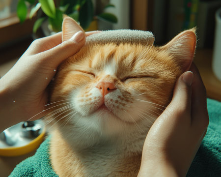 Witness the gentle art of cat grooming at home A cozy setting shows an owner carefully brushing their cat, with soft furniture and tools nearby This image captures the loving bond through relaxing, harmonious care Closeups highlight the detailed grooming process, perfect for pet lovers AI Generativeの素材