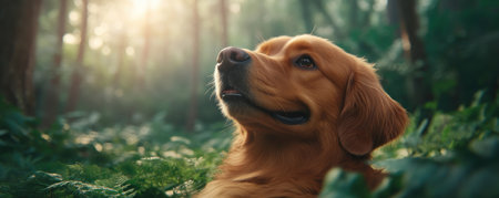 A golden retriever peacefully strolls through a lush forest, a natural stress reliever Experience outdoor therapy and find mental wellness in nature's calming embrace This canine companion explores the woods, showcasing the beauty and serenity of a relaxing walk Perfect for those seeking peaceful moments and relaxation AI Generativeの素材