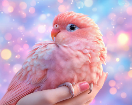 Witness heartwarming pet interaction as a playful pink parrot mimics sounds and gestures from its owner Perched gently on a hand in a vibrant room, this scene captures the unique bond and joyful communication shared between human and animal, showcasing the enchanting love of pet companionship AI Generativeの素材