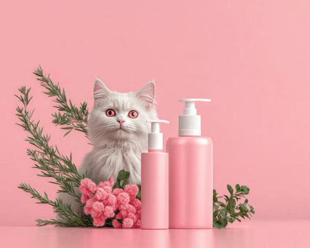 Pamper your cat with our curated grooming collection! Featuring detanglers, soothing shampoos, and grooming gloves, these high-quality essentials ensure your feline friend stays healthy, comfortable, and looking their best A pink backdrop adds a touch of elegance to these perfect tools for maintaining your cat's coat AI Generativeの素材