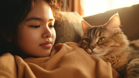 Bask in the warmth of a sunlit living room where a pet owner and their cat joyfully connect This image captures a delightful afternoon of indoor play, a feather wand dancing between them Experience the love and special bond shared between humans and their furry companions in this heartwarming scene AI Generativeの素材