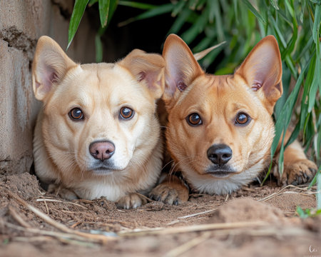 Two tan and light-furred dogs, with short coats and perky ears, explore a sunlit forest trail One has lighter fur and dark eyes They're amidst dirt and plants, their affection and carefree spirits radiating from the photo These lovable pets are enjoying their nature walk AI Generativeの素材