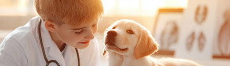 A young vet-in-training practices with a stethoscope on a Labrador puppy in a classroom setting Anatomy posters and pet models enhance hands-on learning This educational shot highlights veterinary education, practical skills, and animal care Learn about the importance of veterinary medicine training for animal well-being Perfect for educational resources AI Generativeの素材