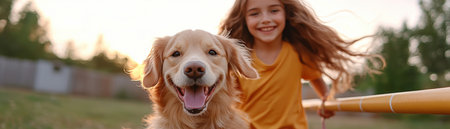 Experience heartwarming pet bonding as a golden retriever conquers backyard agility challenges, guided by a devoted owner This structured training showcases the power of exercise, positive reinforcement, and consistent interaction for a happy, healthy dog, all while fostering a joyful connection with their human companion AI Generativeの素材