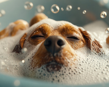 Treat your dog to a spa day! Our relaxing pet bath service offers a luxurious, comfortable clean with gentle bubbles and soothing warm lighting Pamper your furry friend with a calm experience provided by our caring staff They'll emerge refreshed and pure Find the perfect spa day here! AI Generativeの素材