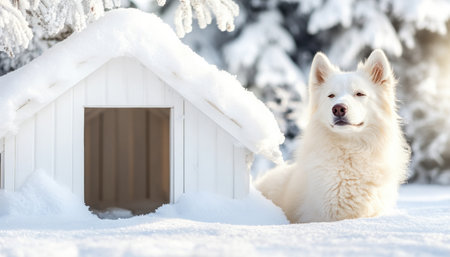 A white malamute stands proudly beside its robust, weather-proof kennel in a snowy landscape This image captures the resilience of the breed and its safe haven against the harsh winter Witness the beauty of nature's winter wonderland, alongside the strength and security of the dog and shelter AI Generativeの素材