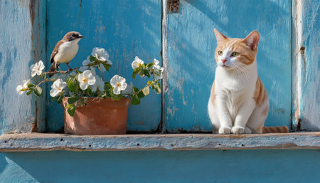 A tranquil morning unfolds with an orange and white tabby cat gazing at birds from a blue windowsill White potted flowers sweetly contrast the wooden shutters This peaceful scene radiates care and connection, perfect for calming backgrounds or pet-themed decor, evoking tranquility and a love for the simple outdoor beauty AI Generativeの素材