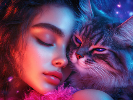 This illustration captures a heartwarming moment of pet devotion A loving cat gently snuggles its owner's face, evoking a nostalgic memory of playful friendship Soft pink and blue hues enhance the tender scene, showcasing the beauty of their bond and the sweet companionship shared It's a perfect example of true AI Generativeの素材