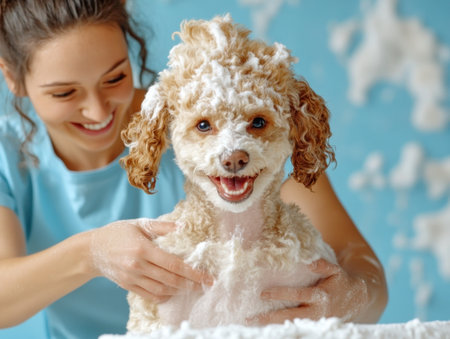Experience a dog grooming transformation! Observe professionals meticulously brush out tangles, gently cleanse with shampoo and conditioner, and precisely trim fur in a bright, hygienic salon Witness a pampered makeover with detailed steps, ensuring a happy, healthy, and beautifully groomed pet AI Generativeの素材
