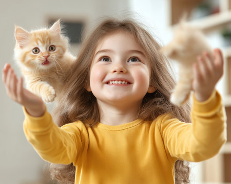 Experience pure joy: Two kittens tumble playfully while a young girl beams with love in a bright home This heartwarming scene captures the innocent fun of a child's bond with her fluffy companions, showcasing genuine happiness and the delightful connection between pets and children AI Generativeの素材