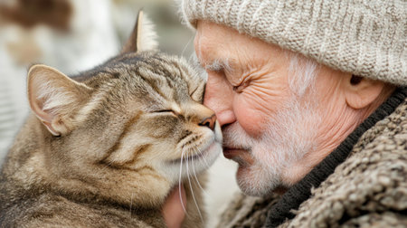 This heartwarming image captures the profound bond between a tabby cat and an elderly person Witness a tender moment as the cat licks their owner's face, a symbol of devotion and love The photograph showcases genuine affection and companionship, highlighting the unique, beautiful relationship between people and their beloved animals AI Generativeの素材