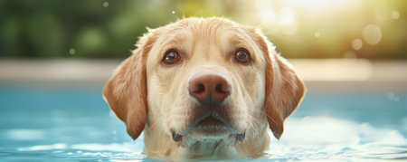 A yellow Labrador, wearing an eco-friendly flotation collar, learns safe water entry in a tranquil pond This heartwarming scene highlights responsible pet care and the joy of canine water activities The dog's focused expression shows its eagerness to learn This captivating image embodies responsible pet ownership AI Generativeの素材