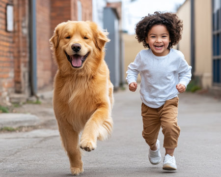 Experience pure joy as energetic pets and happy children bond in a backyard, creating unforgettable memories Golden retrievers and kids share playful moments, showcasing their unbreakable connection Witness outdoor adventures with dogs and kids running on the grass, highlighting the beauty of nature and childhood Feel the love shared between AI Generativeの素材