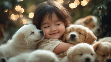 Experience pure joy in this heartwarming image of a child surrounded by playful puppies outdoors Witness the beauty of innocence and love as the adorable child connects with fluffy pups This tender encounter embodies nature's magic, perfect for any pet lover Discover this delightful moment now AI Generativeの素材