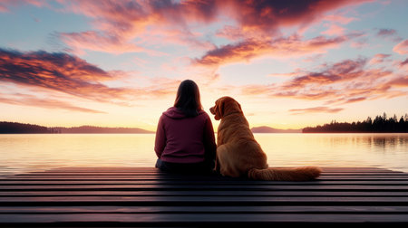 A vibrant sunrise paints the sky as a silhouetted person and their dog share a quiet moment This image embodies deep companionship, gratitude, and peace Nature's beauty intertwines with their bond, creating a powerful sense of serenity and heartwarming connection This stunning visual captures love and tranquility AI Generativeの素材
