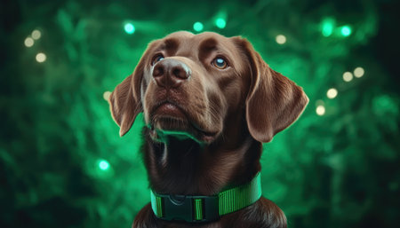 A dog safety alarm collar, glowing faintly green, enhances visibility in a dark wooded area This image highlights the collar's effectiveness in low light, aiding in tracking and ensuring your dog's safety The device provides peace of mind for owners, offering enhanced protection in any environment AI Generativeの素材