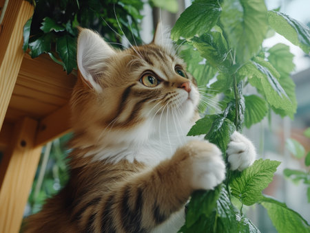 Observe a fit cat's captivating agility as it confidently scales an indoor activity tree This showcases its impressive fitness and daily routine within a cozy home, a beautiful example of indoor cat life and entertainment See the playful feline explore its surroundings, a testament to great pet exercise at home AI Generativeの素材