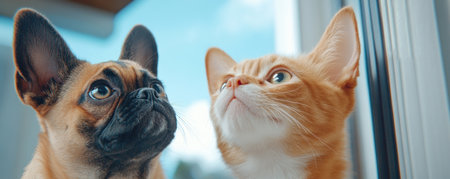 Experience heartwarming joy as friendly pets enthusiastically greet new arrivals Their excitement and affectionate bond shine brightly, showcasing the pure, innocent love between a dog and cat This captivating scene perfectly captures the simple wonder and companionship these furry friends share AI Generativeの素材