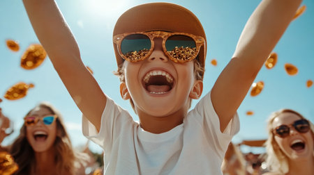 Capture the pure joy of connection at a vibrant outdoor festival Families and friends celebrate Kindness Day with laughter and unforgettable moments This image embodies togetherness, showcasing shared happiness and lasting memories Perfect for conveying the magic of friendship and celebratory experiences, ideal for Kindness Day promotions AI Generativeの素材