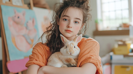 Witness a heartwarming scene of a child cuddling their rabbit in a vibrant art studio Colorful paintings surround them, showcasing a whimsical blend of companionship and artistic expression Discover the magic of pet relationships and their beauty within this creative space It's a tender moment of bonding and artistic inspiration AI Generativeの素材