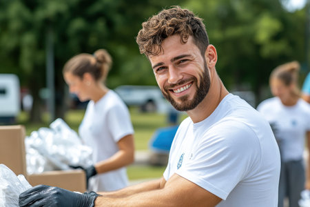 Kindness Day comes alive in this image of volunteers sorting donations Witness their meticulous work, a testament to community support and compassion Their efforts provide essential aid, showcasing the joy of giving back and the power of unity through service A heartwarming visual of empathy in action AI Generativeの素材