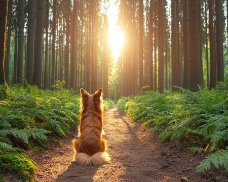 Immerse yourself in a sunlit forest, where playful pets explore a serene trail Witness their joyful antics and affection in this captivating nature scene Experience outdoor adventures, creating unforgettable memories amidst towering trees This heartwarming image captures pet love and forest tranquility, perfect for nature enthusiasts Imagine this wonderful moment AI Generativeの素材