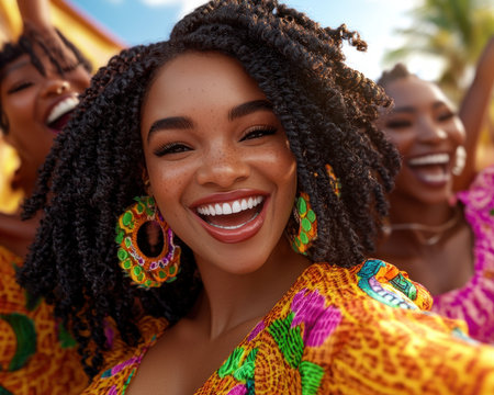 A vibrant circle of diverse friends dances, radiating joy and celebrating unity, capturing the essence of Kindness Day This image bursts with positive energy, showcasing genuine friendship and togetherness Smiles and laughter abound, embodying a colorful, powerful display of community and shared happiness, a perfect example of celebrating life together AI Generativeの素材