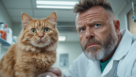 Worried about your cat's skin? This image depicts a vet calmly examining a cat for rashes Learn about common feline skin issues, symptoms, and treatment options Prioritize your pet's health; recognize signs, and ensure a happy, healthy life for your cat Seek professional care when needed AI Generativeの素材