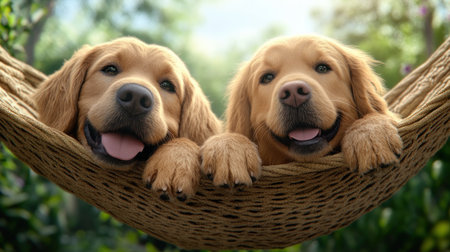 This heartwarming image captures two golden retrievers blissfully relaxing in a hammock on a sunny afternoon The scene embodies the pure joy and companionship of pets, showcasing a lighthearted moment of simple pleasure Download this delightful visual to embrace the essence of pet bonding and happy, carefree moments AI Generativeの素材