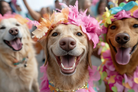 Witness a joyful pet party! Adorable dogs in colorful costumes spread happiness and cheer These furry friends, dressed festively, embody their special role in bringing smiles This playful spectacle captures their heartwarming bond with families Join the fun and see pure pet happiness unfold! AI Generativeの素材