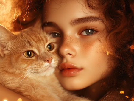 A golden light illuminates a playful moment between owner and orange cat, nestled close Soft bokeh enhances this heartwarming scene of pure friendship The image captures a tender, loving bond, resonating with warmth and nostalgia Perfect for conveying the beauty of companionship and cherished, lasting memories AI Generativeの素材