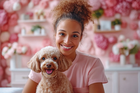 In a lavish pink salon, a smiling groomer expertly styles a fluffy poodle With specialized tools, she crafts an intricate, fashionable cut, showcasing her artistry Pet grooming is elevated to a luxurious experience, where professional techniques create a pampered, stylish new look for the delighted poodle AI Generativeの素材