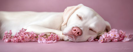 A serene image captures a loyal white Labrador Retriever sleeping peacefully by its human's side Delicate pink flowers surround the dog against a light pink background, symbolizing enduring connection and pure love This gentle scene evokes warmth and tenderness, celebrating the beauty of canine companionship and the special bond between AI Generativeの素材