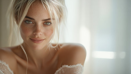 Bathed in golden light, this captivating portrait features a woman with flowing blonde hair Luxurious photography creates a cinematic, ethereal atmosphere, highlighting natural beauty Soft light enhances delicate features and skin texture, evoking serenity and timeless elegance A moment of radiant grace captured with artistic flair AI Generativeの素材