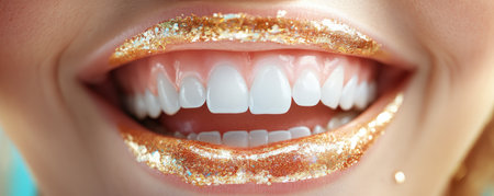 A close-up captures a radiant, joyful smile, showcasing happiness and health Golden glitter coats the lips, creating a luminous sparkle Pearly white teeth enhance the beauty of this striking image, surrounded by warm golden hues The expression is pure joy and well-being, making the mouth a captivating focus AI Generativeの素材