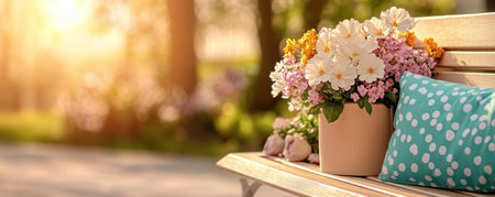 Bask in tranquility with this sun-drenched garden scene A cozy bench, adorned with a vibrant bouquet and polka-dotted pillow, invites relaxation under a cloudless sky Golden light bathes the setting, emphasizing peace and joy It's a perfect image for a quiet escape into nature's embrace and a moment of pure AI Generativeの素材